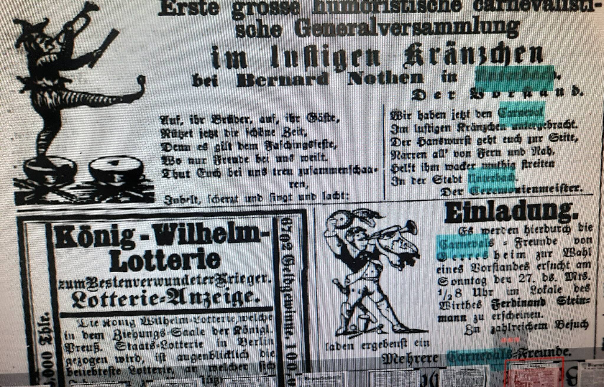 Historische Zeitungsartikel zum Unterbacher Karneval
