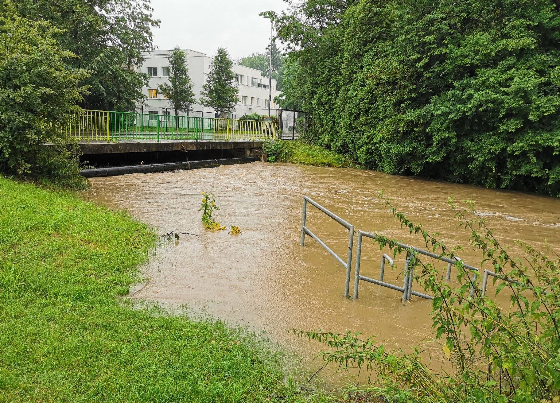  Die Düssel am 14. Juli: Im Bereich der Brücke Bismarckstraße erkennt man, dass der Durchflussquerschnitt der Brücke fast erreicht ist. 