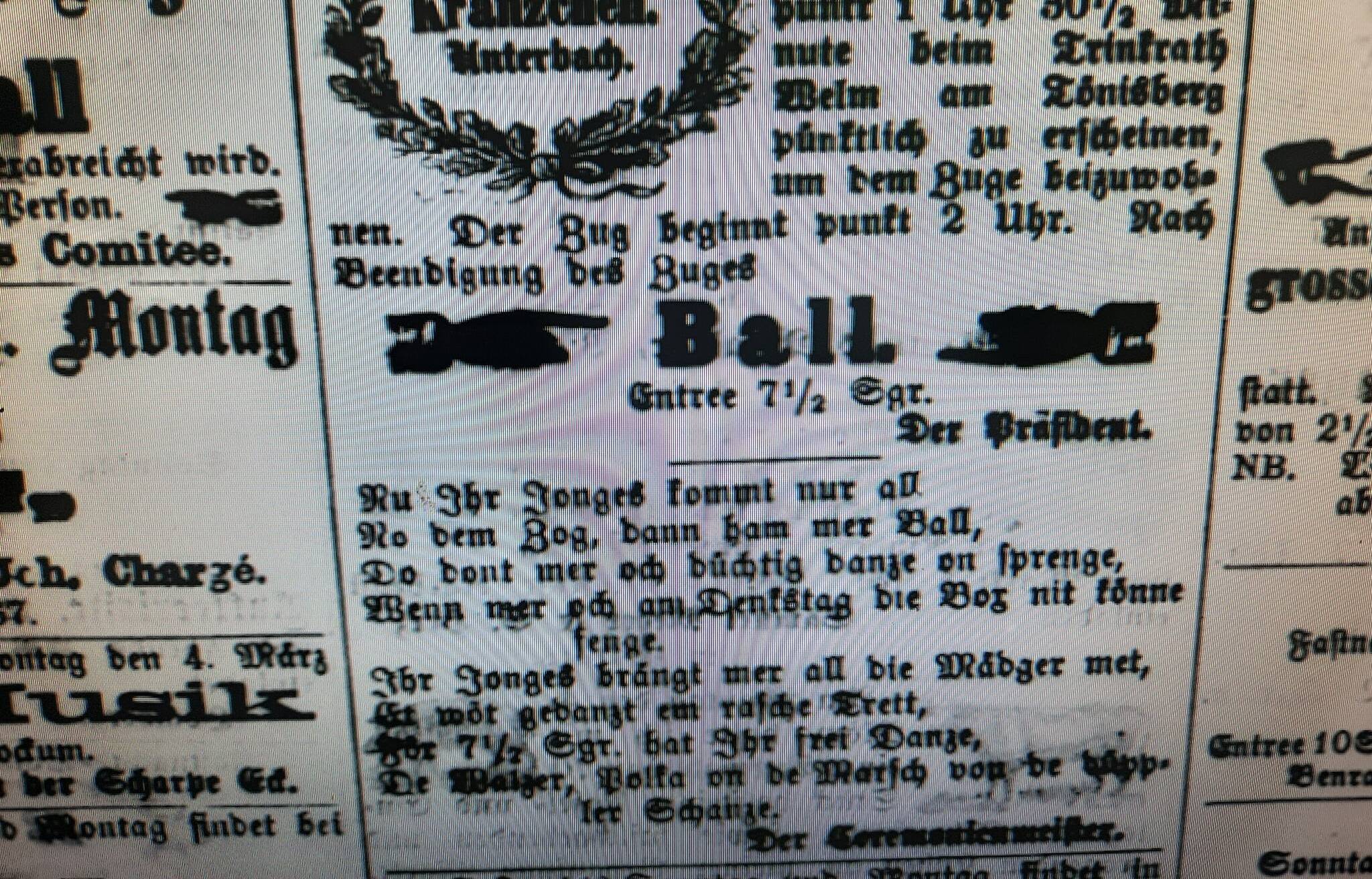 Der besagte Zeitungsartikel vom 3. März 1867  aus dem Bürgermeistereiblatt für die Kreise Düsseldorf und Mettmann.