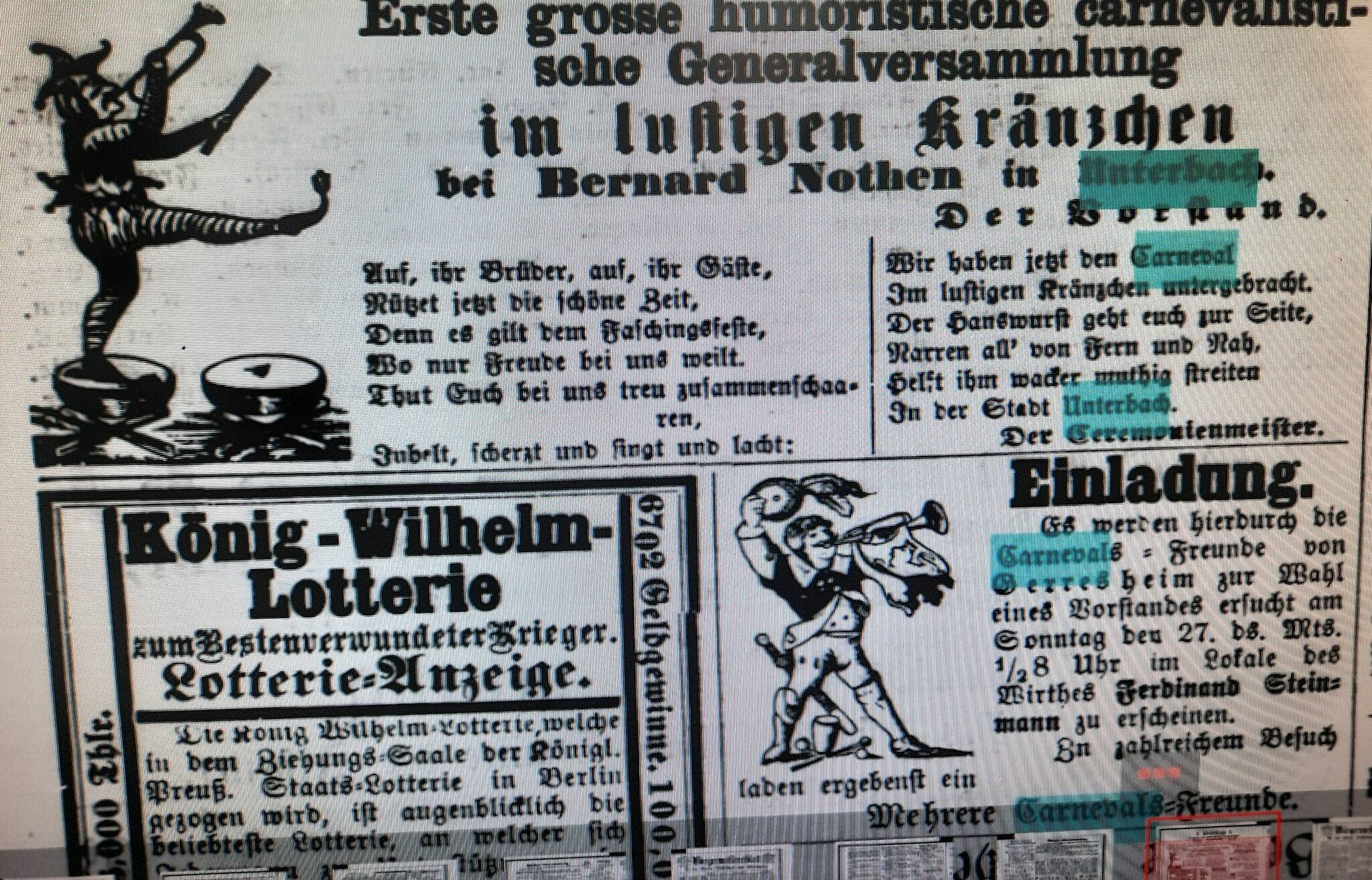 Historische Zeitungsartikel zum Unterbacher Karneval