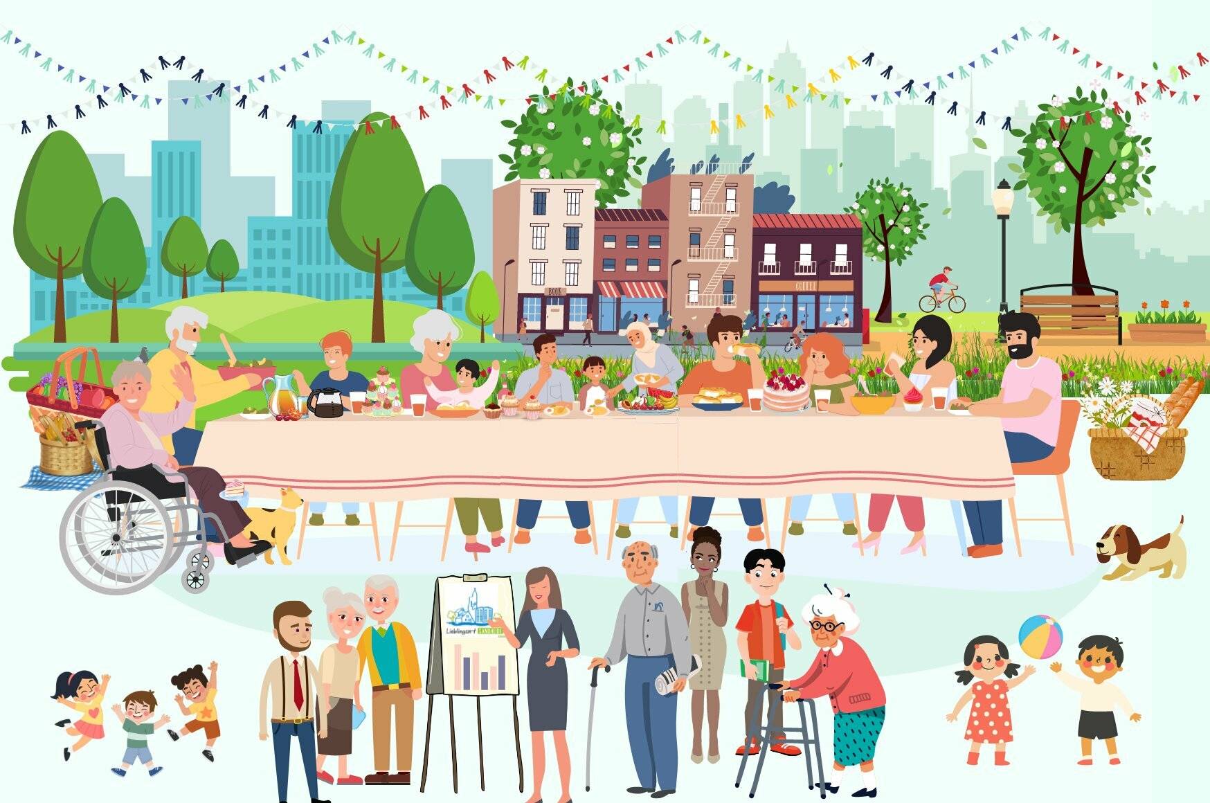  Beim Beteiligungsbuffet am Samstag, den 13. Mai, von 14 bis 17 Uhr können interessierte Menschen aus dem Quartier mit Mitarbeitenden aus der Stadtentwicklung beim gemütlichen Beisammensein an einer bunt gedeckten Tafel auf dem Sandheider Markt ins Gespräch kommen. 