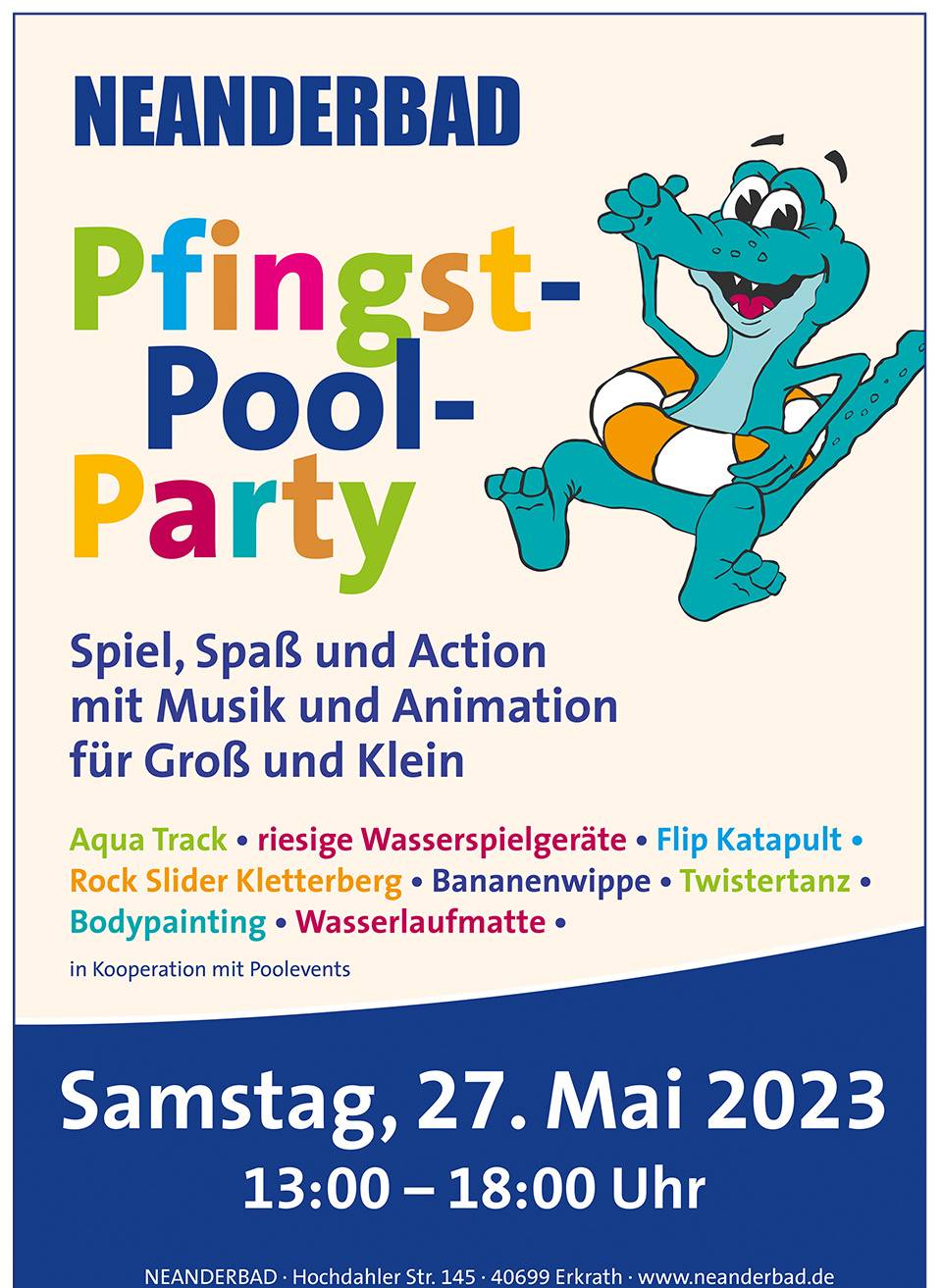 Spiel, Spaß und Action mit Animation von 13 bis 18 Uhr: Pfingst-Pool-Party im Neanderbad am 27. Mai