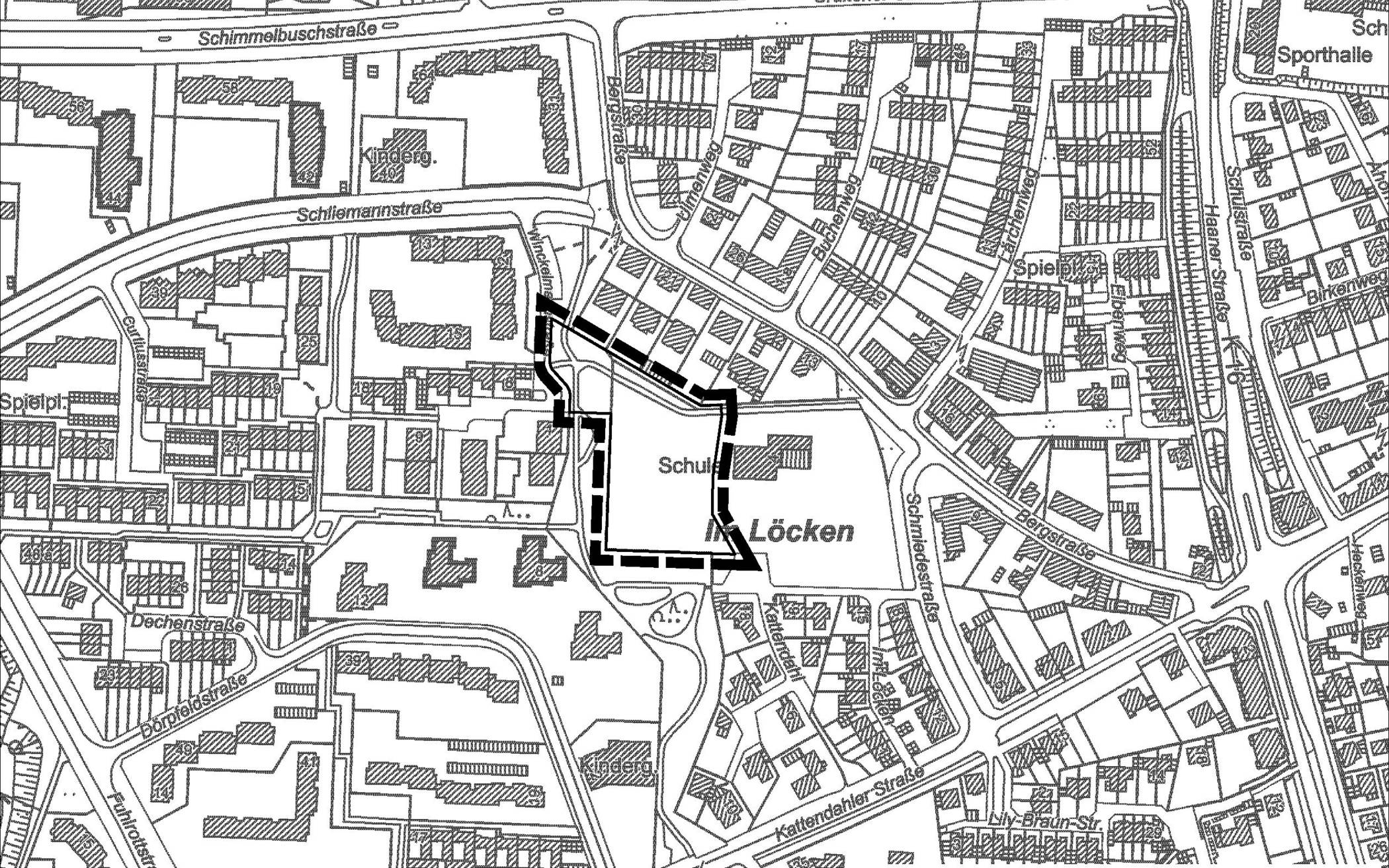  Abgrenzung des Bebauungsplans H 60 – Genossenschaftliches Wohnen Schmiedestraße auf der Plangrundlage der Bezirksregierung Köln. 