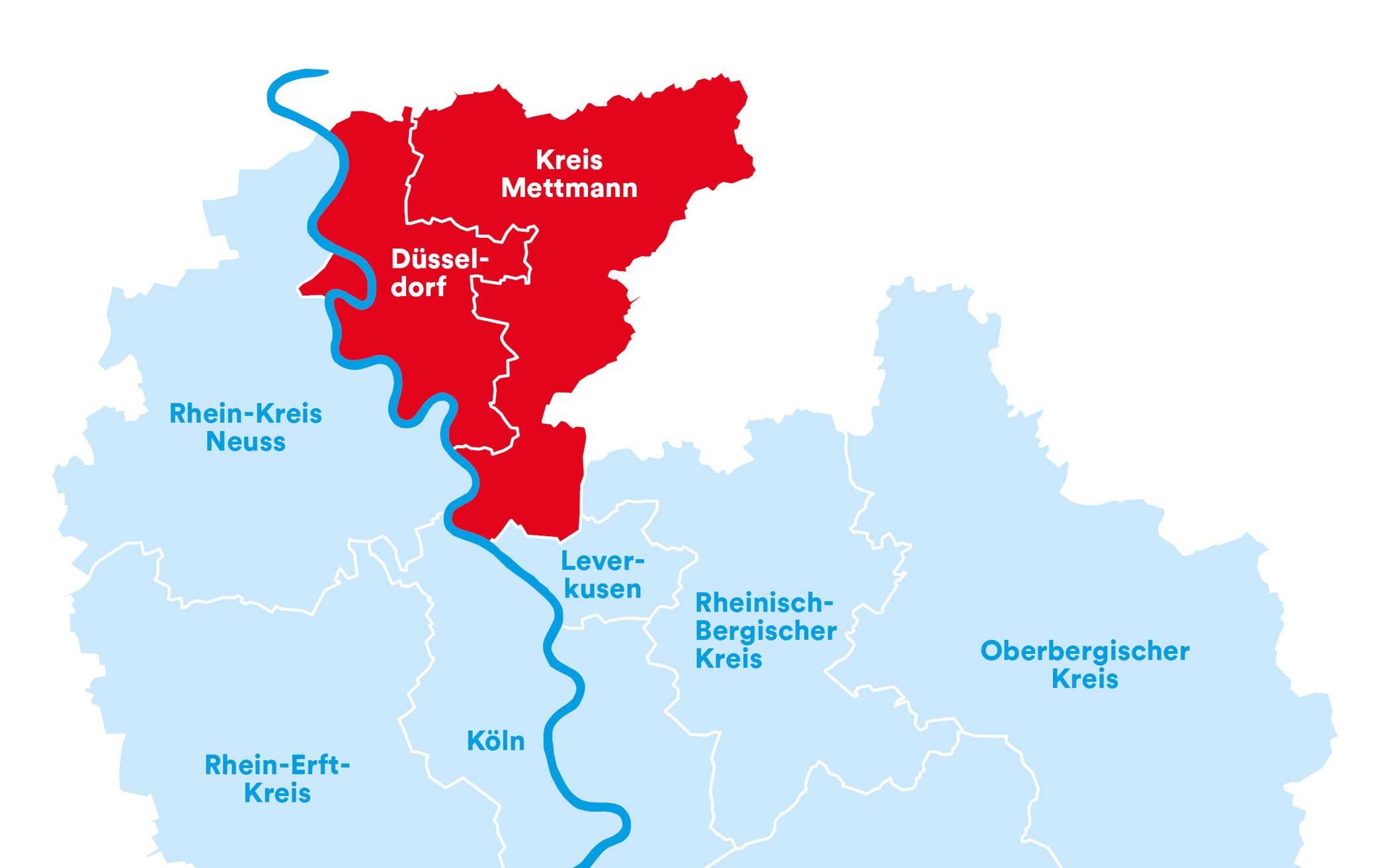  Die Karte zeigt die Radregion Rheinland plus die neuen Mitglieder Landeshauptstadt Düsseldorf und Kreis Mettmann. 