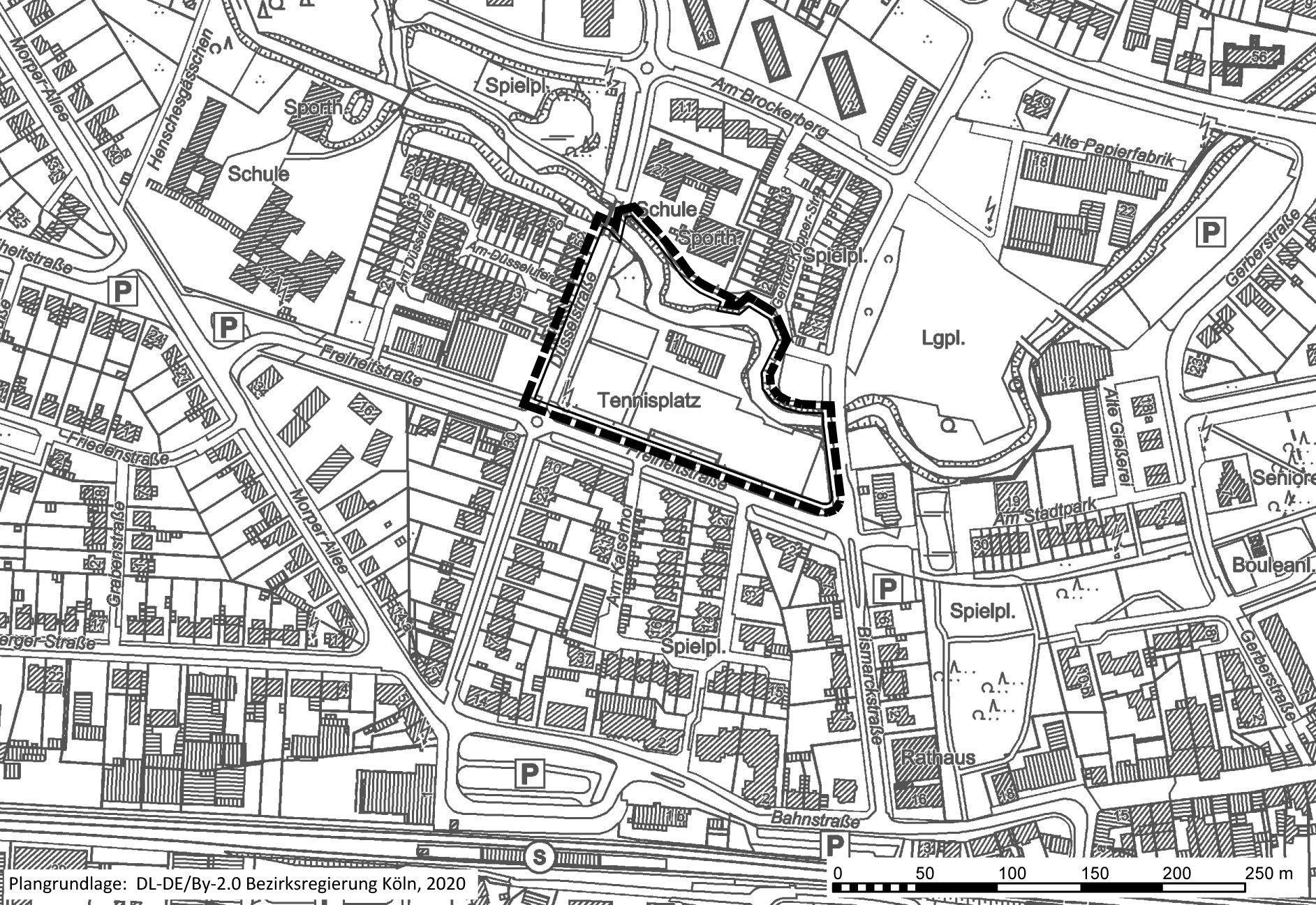  Die Plangrundlage zeigt die betreffende Fläche im Ortsteil Alt-Erkrath. 