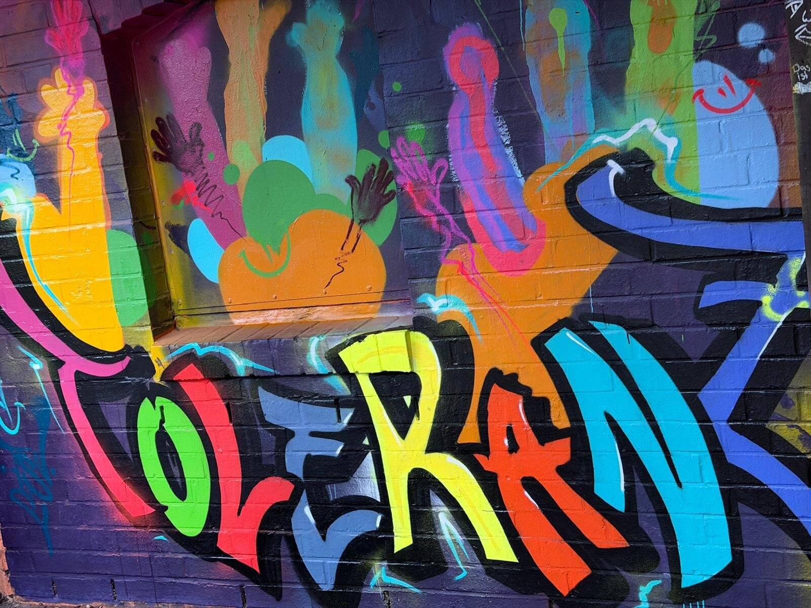 Eines von vielen Ergebnissen des Graffiti-Workshops mit Michael Slatosch: Auf einer Wand des TSV Kinder- und Jugendzentrums ist das Wort "Toleranz" zu lesen.