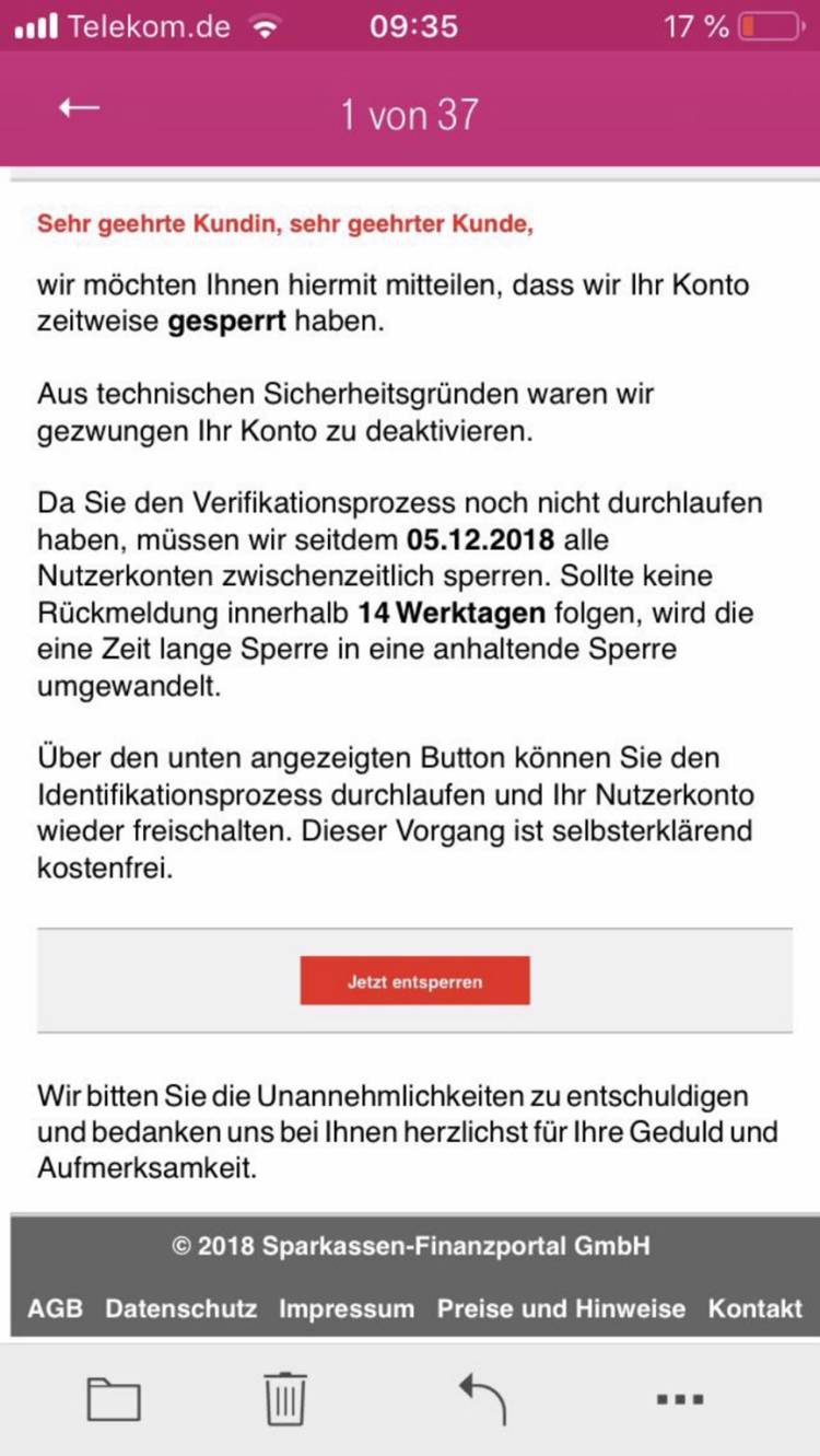  Mit ähnlichen Mails wie dieser versuchen Betrüger, Kontozugangsdaten zu ergaunern. 