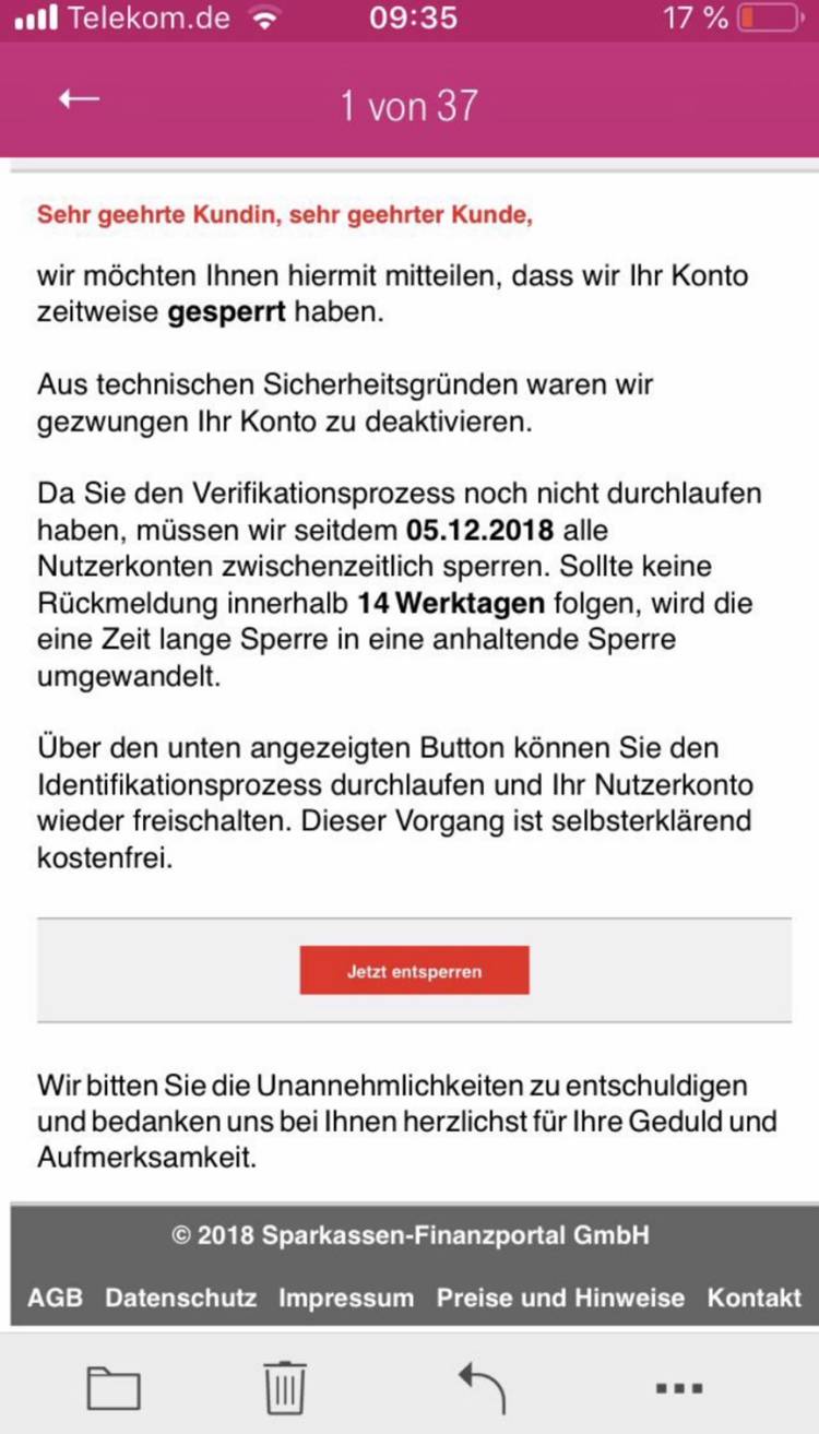  Mit ähnlichen Mails wie dieser versuchen Betrüger, Kontozugangsdaten zu ergaunern. 