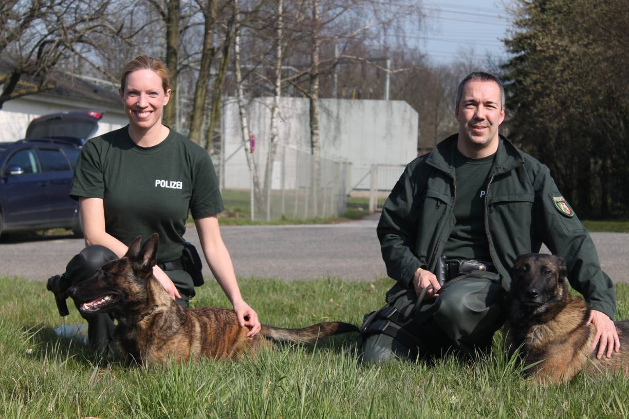  Polizeioberkommissarin Wolff zusammen mit ihrem Rauschgifthund Max und Polizeioberkommissar Krüper mit Personenspürhund Kira. 