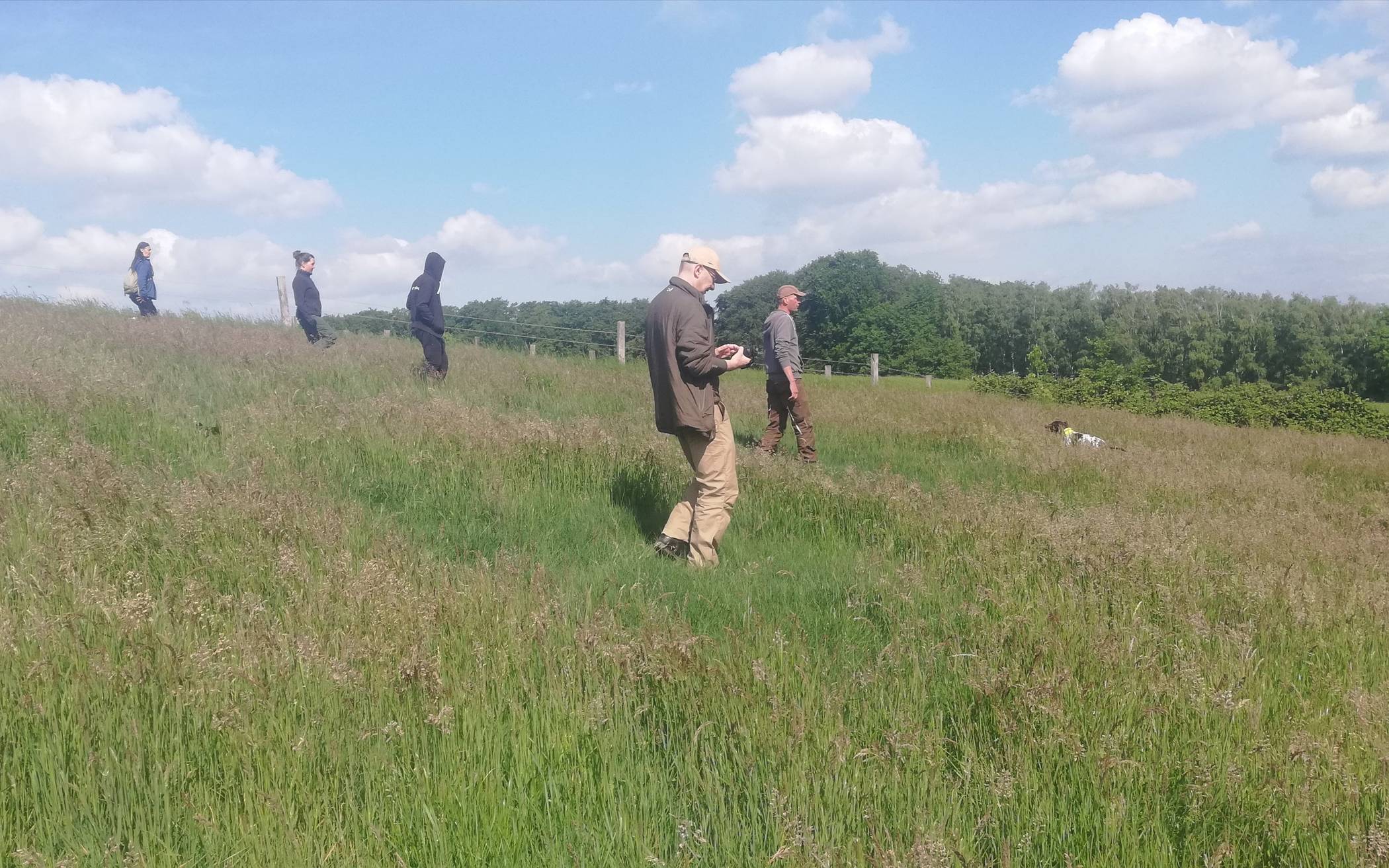  Die Erkrather Rehkitze-Helfergruppe ging in der vergangenen Woche zusammen mit Jagdaufseher Winfried Edelmann eine Wiese bei Bauer Hanten ab. 