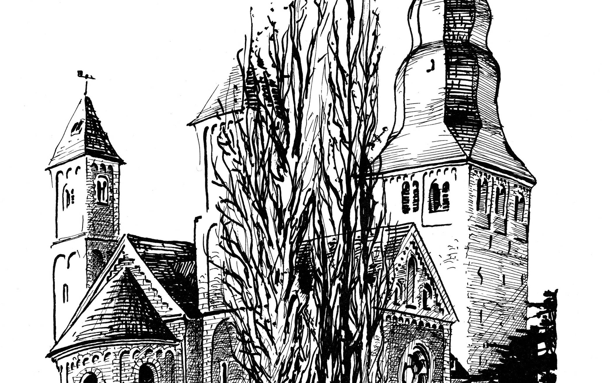  Zeichnung der Katholischen Kirche St. Johannes der Täufer von Gereon Inger aus dem Jahre 1984.  